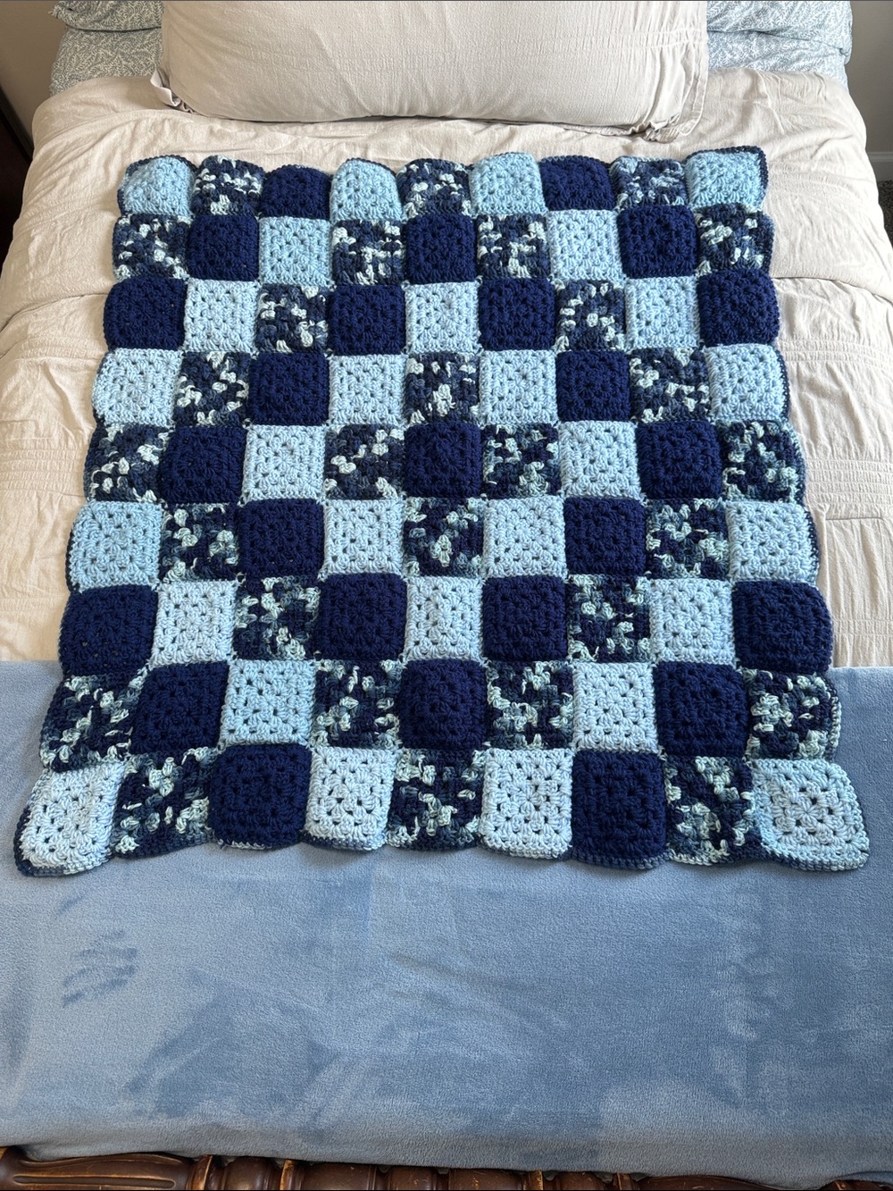 Handmade Blue Check Crochet Baby Blanket